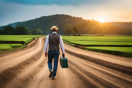 man walking on the road with suitcase. AI-Generated photo
