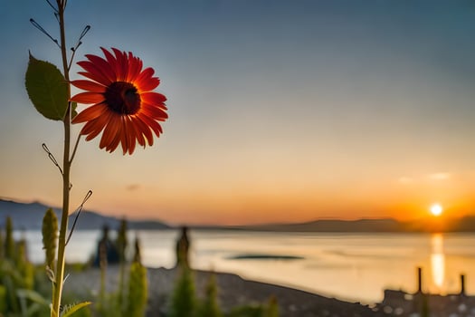 a red flower stands in front of a lake at sunset. AI-Generated photo