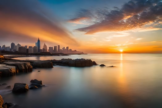 the sun sets over the city skyline in this photo. AI-Generated photo
