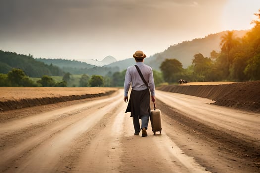 a man with a suitcase walks down a dirt road. AI-Generated photo
