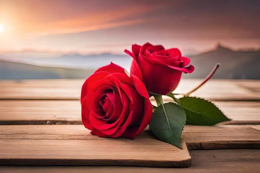 two red roses on a wooden table with a sunset in the background. AI-Generated photo