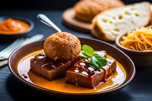 a plate of meat and sauce with bread. AI-Generated photo
