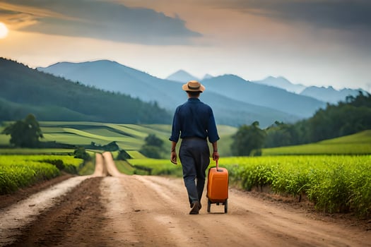a man walking down a dirt road with a suitcase. AI-Generated photo