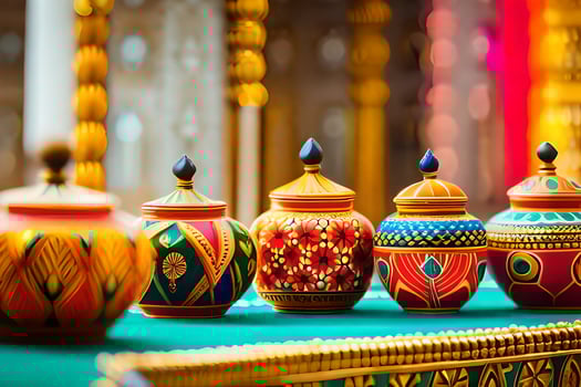 colorful pots on a table in a room. AI-Generated photo