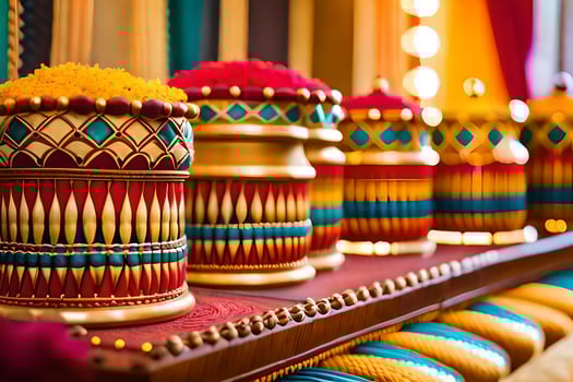 colorful vases on a table with colorful decorations. AI-Generated photo