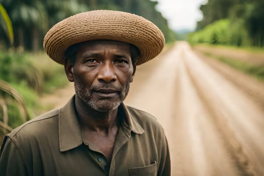 a man wearing a straw hat stands on a dirt road. AI-Generated photo