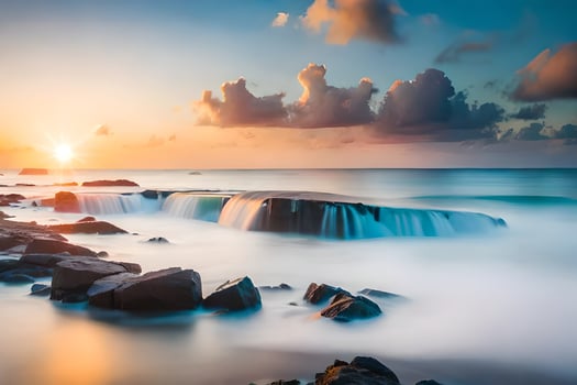 a beautiful sunset over the ocean with rocks and water. AI-Generated photo