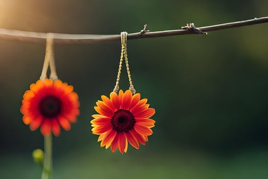 two orange flowers hanging from a branch. AI-Generated photo