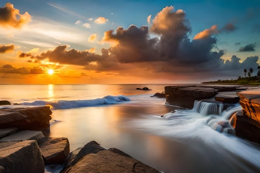 the sun sets over the ocean and rocks. AI-Generated photo