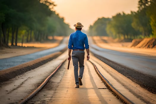 a man walking on a railroad track at sunset. AI-Generated photo