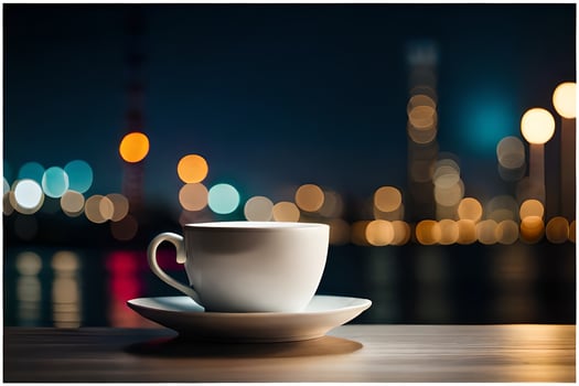 a cup of coffee on a table in front of a cityscape at night. AI-Generated photo