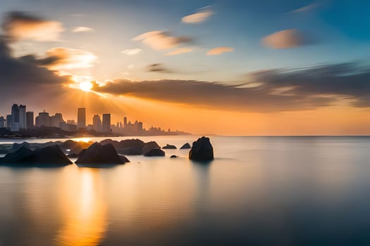 the sun is setting over the ocean and city skyline. AI-Generated photo