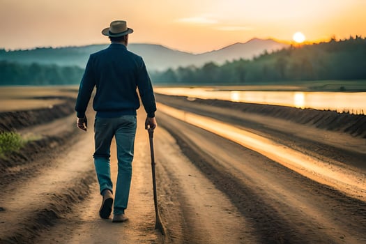 a man walking along a dirt road at sunset. AI-Generated photo