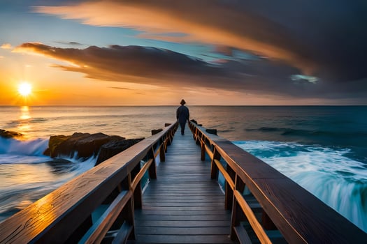 a man stands on a wooden bridge overlooking the ocean at sunset. AI-Generated photo