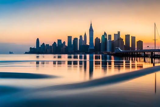 the city skyline is reflected in the water at sunset. AI-Generated photo