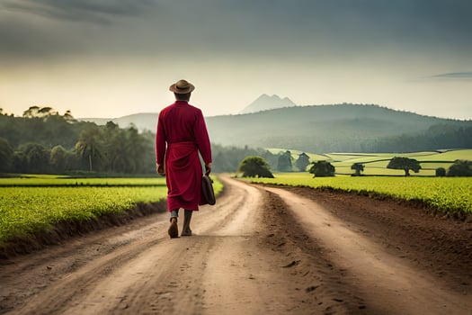 a monk walks down a dirt road in a field. AI-Generated photo