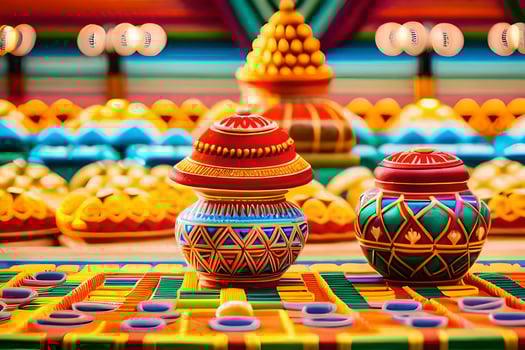 colorful vases on a table with colorful decorations. AI-Generated photo