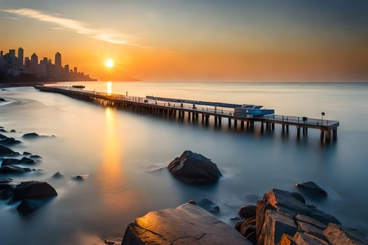 the sun sets over a pier in the ocean. AI-Generated photo
