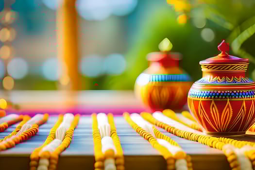 a colorful pot and a string of beads on a table. AI-Generated photo