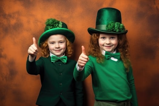 children friends celebrating St. Patrick s Day on brown background. AI Generated photo