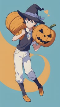 Preparing for Halloween A Young Boy and His Pumpkin in Anime Style With Simple Background photo