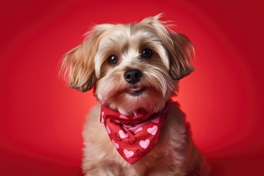 Funny portrait cute puppy dog holding red heart . AI Generated photo