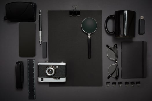 Still life, business, office supplies or education concept. Read photo