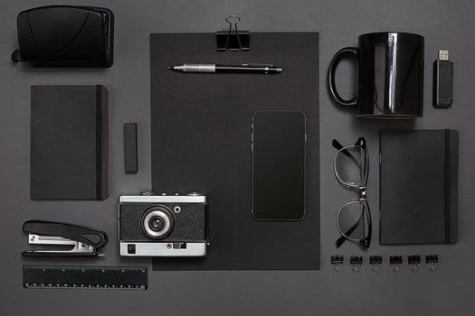 Workplace with office items and business elements on a desk. Concept for branding. Top view. photo