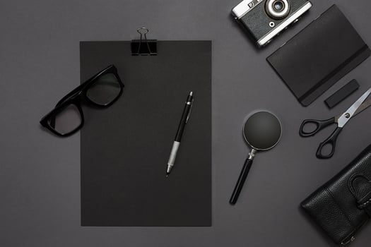 Workplace with office items and business elements on a desk. Concept for branding. Top view. photo