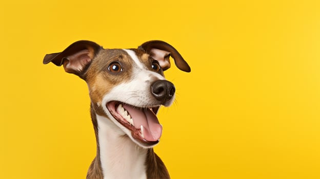 Happy dog, isolated yellow background with copy space. Generative AI photo