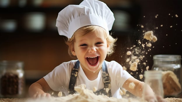 Child in a chef's hat, attempting to make cookies, a mess of flour and joy on the counter. Generative AI photo