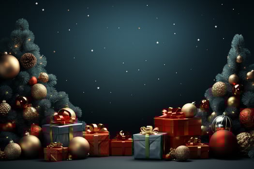 Ai Generative Christmas banner with copy space for text, santa claus celebrate with giftboxes, fir tree branches and red ornaments, dark color background photo