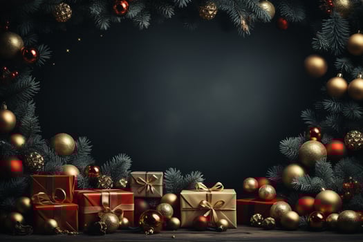 Ai Generative Christmas banner with copy space for text, santa claus celebrate with giftboxes, fir tree branches and red ornaments, dark color background photo