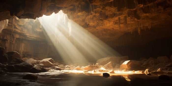 AI Generated Rock beauty nature stone light dark geologic hole underground water limestone inside sun travel mountain scenic cavern cave sunlight tourism landscape photo