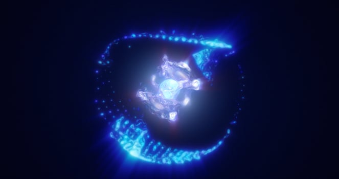 Abstract energy sphere with flying glowing bright blue particles, science futuristic atom with electrons hi-tech background photo