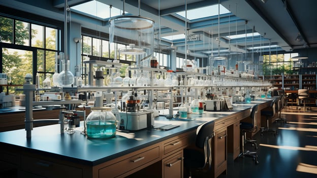Modern scientific chemical medical research laboratory with equipment and flasks for conducting research and testing experiments photo
