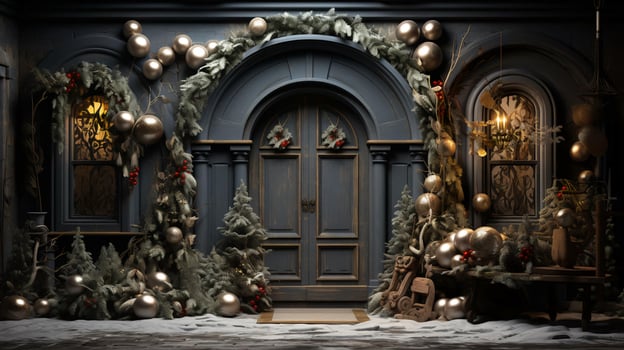 Christmas New Year holiday beautiful winter decorations of the entrance doors to the house, background photo