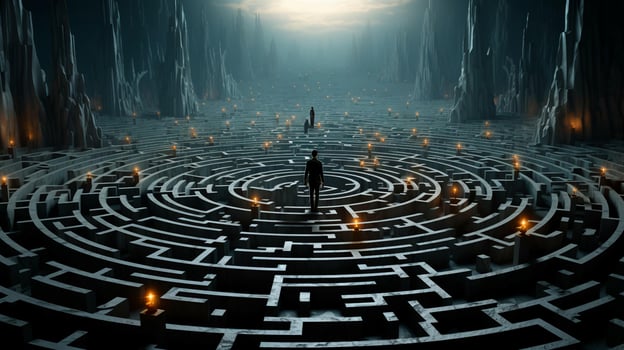 A man stands in a maze and thinks, view from the back. The concept of difficulty in making a decision photo