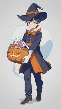 Preparing for Halloween A Young Boy and His Pumpkin in Anime Style With Simple Background photo