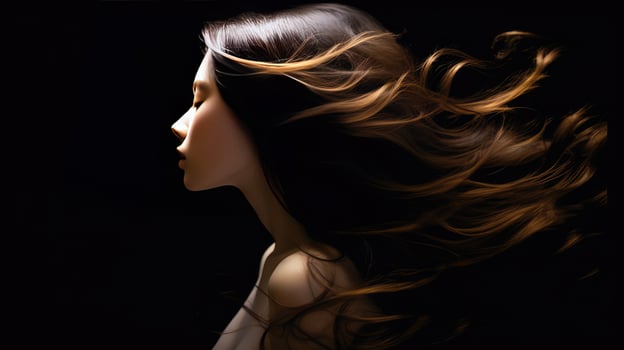 AI generated Ethereal Beauty Profile with Radiant Flowing Dark Hair photo