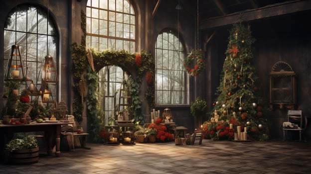 Generative AI, Christmas interior rural background, Santa Claus rustic workshop photo