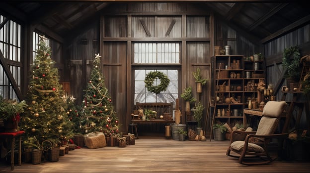 Generative AI, Christmas interior rural background, Santa Claus rustic workshop photo