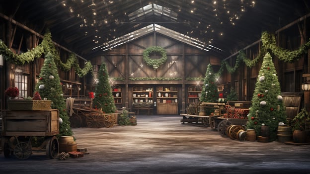 Generative AI, Christmas interior rural background, Santa Claus rustic workshop photo