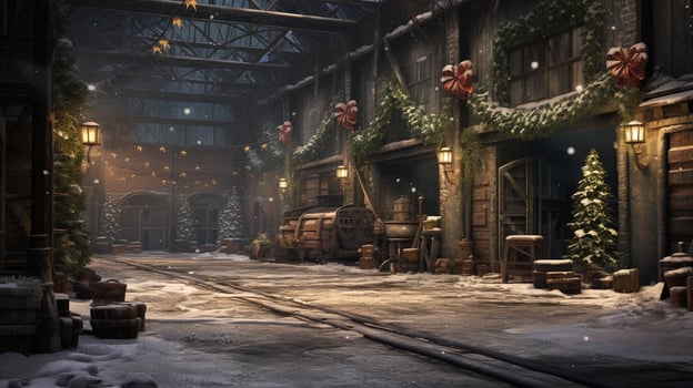 Generative AI, Christmas interior rural background, Santa Claus rustic workshop photo