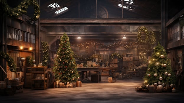 Generative AI, Christmas interior rural background, Santa Claus rustic workshop photo