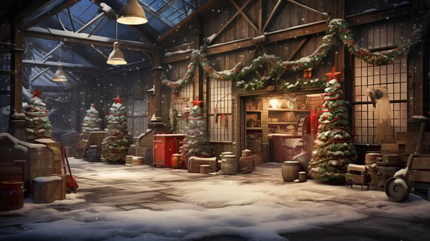 Generative AI, Christmas interior rural background, Santa Claus rustic workshop photo