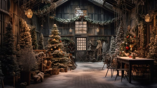 Generative AI, Christmas interior rural background, Santa Claus rustic workshop photo