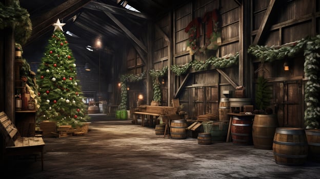 Generative AI, Christmas interior rural background, Santa Claus rustic workshop photo