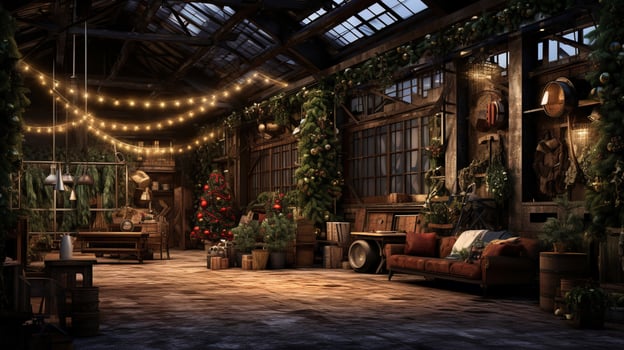 Generative AI, Christmas interior rural background, Santa Claus rustic workshop photo