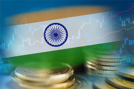 Stock market investment trading financial, coin and India flag or Forex for analyze profit finance business trend data background. photo